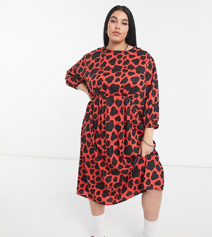 Native Youth Plus Super Oversized Midi Smock Dress In Orange Panda Print