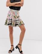 Asos Design Mini Skirt With Godet Hem In Mirrored Floral Print - Multi