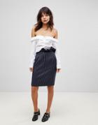 Unique 21 Pinstripe Pencil Skirt With Frill Waist - Navy