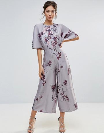 Hope & Ivy Bird Print Kimono Jumpsuit - Gray