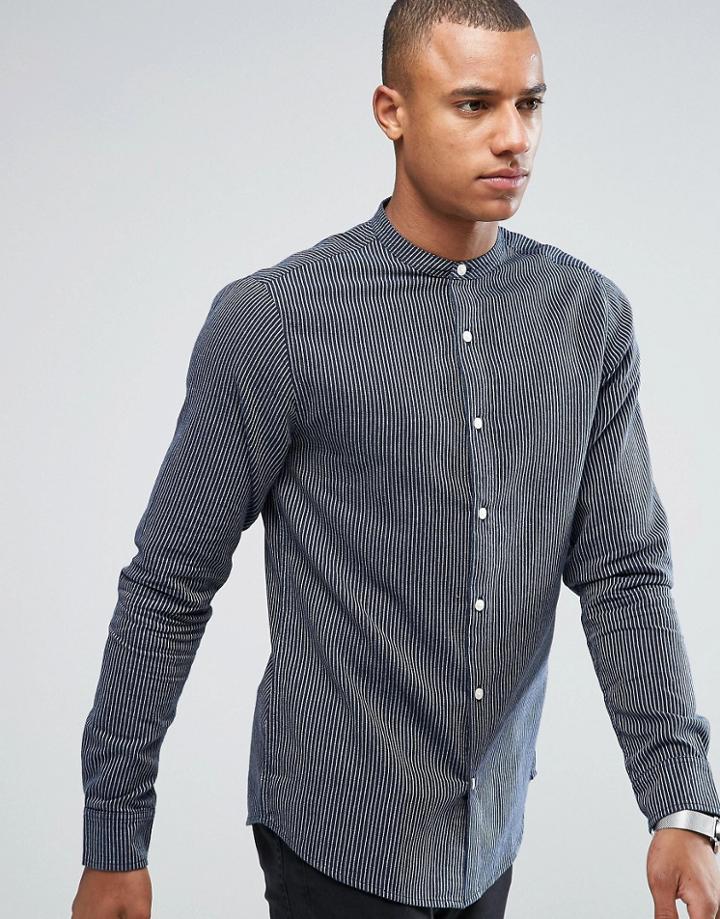 Only & Sons Shirt In Slim Fit Striped Grandad Collar - White