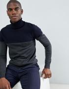 French Connection Contrast Color Block 100% Cotton Roll Neck Sweater-navy