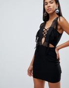 Rare Lace Up Fringe Plunge Mini Dress - Black