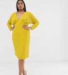 Asos Design Curve Batwing Sleeve Plisse Midi Dress-yellow