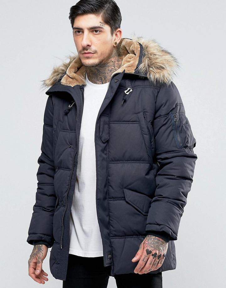 Schott Snork Quilted Hooded Parka Detachable Faux Fur Trim - Navy
