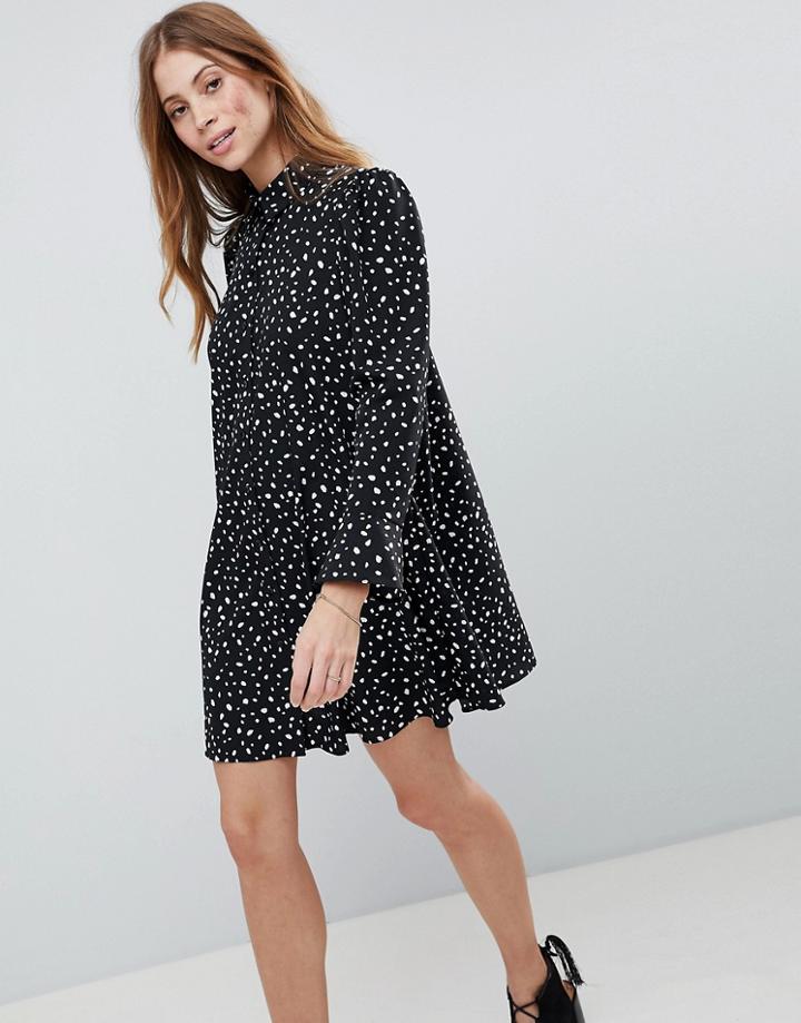 Asos Design Long Sleeve Shirt Mini Dress In Scatter Spot - Black