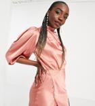 Asos Design Tall Pleat Cowl Neck Satin Midi Tea Dress With Puff Sleeve In Dusky Rose-pink