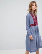 Leon And Harper Embroidered Midi Dress In Chambray - Blue