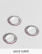 Asos Design Curve Pack Of 3 Rings With Pastel Crystals In Silver - Silver
