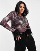 Jaded London Intarsia Knit Sweater With Faux Fur Cuffs In Moody Flower Print-multi