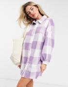 Asos Design Mini Fleece Shirt Dress In Lilac And White Check-purple
