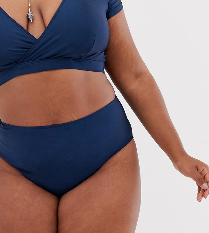 Peek & Beau Curve Exclusive High Waist Bikini Bottom In Navy Shimmer - Navy
