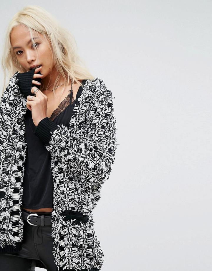 Religion Relaxed Cardigan In Textured Checkerboard Knit - Black