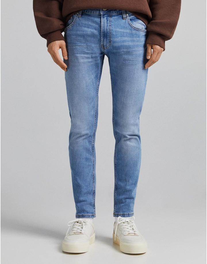 Bershka Skinny Jeans In Dark Blue-blues