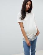 Asos Design Maternity Lace Mix Longline T-shirt In Cream - Cream