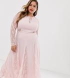 Asos Design Curve Midi Dress With Long Sleeve And Lace Paneled Bodice - Pink