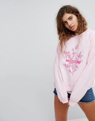 Adolescent Clothing Oversized Sweatshirt With Go Away Slogan & Flower Graphic - Pink