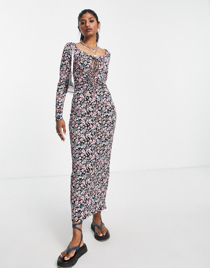 Only Tie Front Maxi Body-conscious Dress In Black Floral-multi