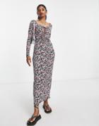 Only Tie Front Maxi Body-conscious Dress In Black Floral-multi