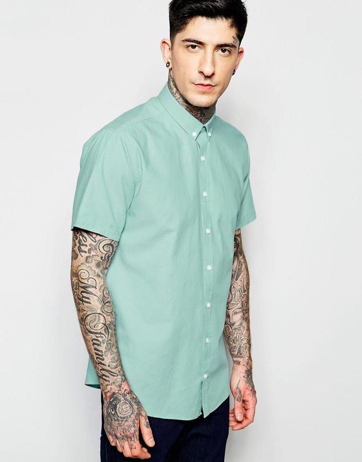 Lindbergh Oxford Shirt In Green Short Sleeves - Mint Green