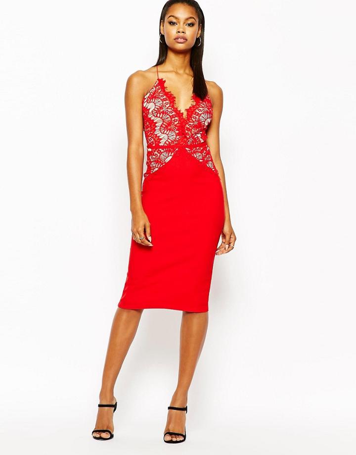 Rare London Pencil Dress With Scallop Lace Bodice - Red
