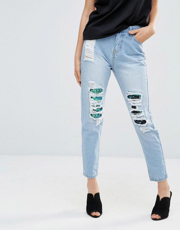 Liquor And Poker Ripped Sequin Boyfriend Jeans - Blue