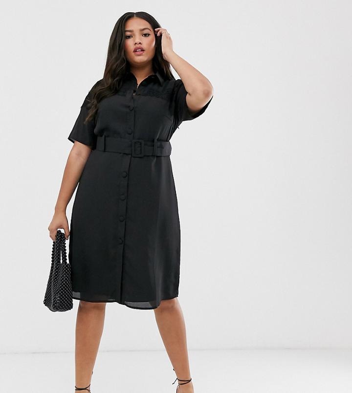 Fashion Union Plus Midi Button Down Shirt Dress With Lace Panel And Belt - Black