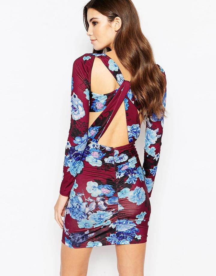 Ginger Fizz Plunge Ruched Body-conscious Dress With Cut Out Back In Floral Print - Multi