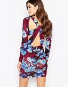 Ginger Fizz Plunge Ruched Body-conscious Dress With Cut Out Back In Floral Print - Multi