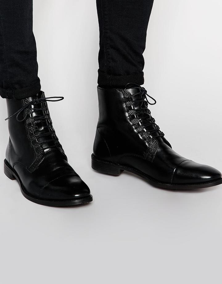 Asos Derby Boots In Black Leather With Looped Laces - Black