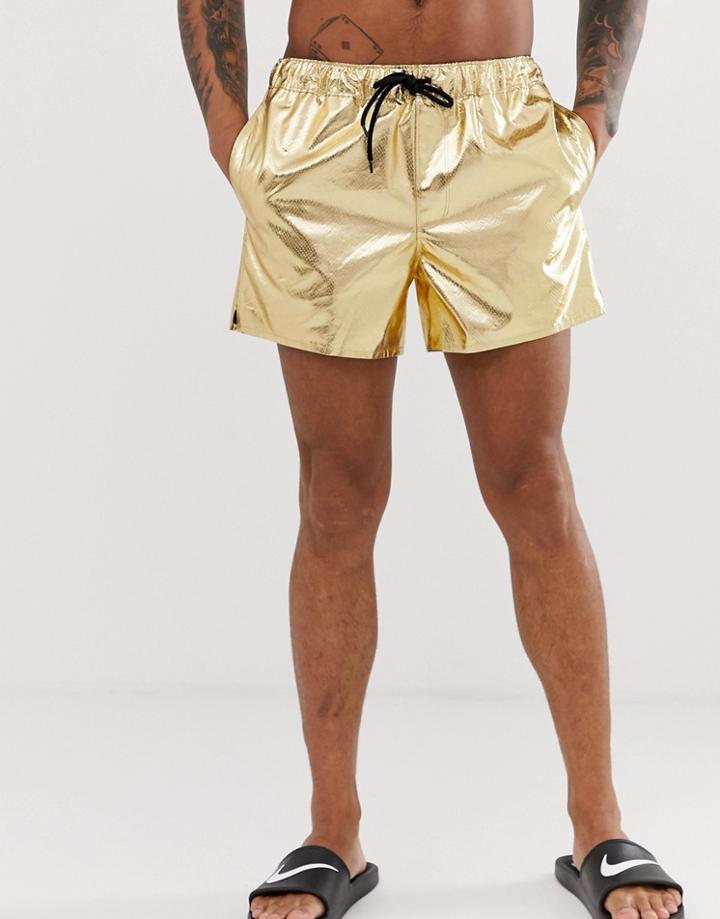 Asos Design Swim Shorts In Gold Snakeskin In Super Short Length - Gold