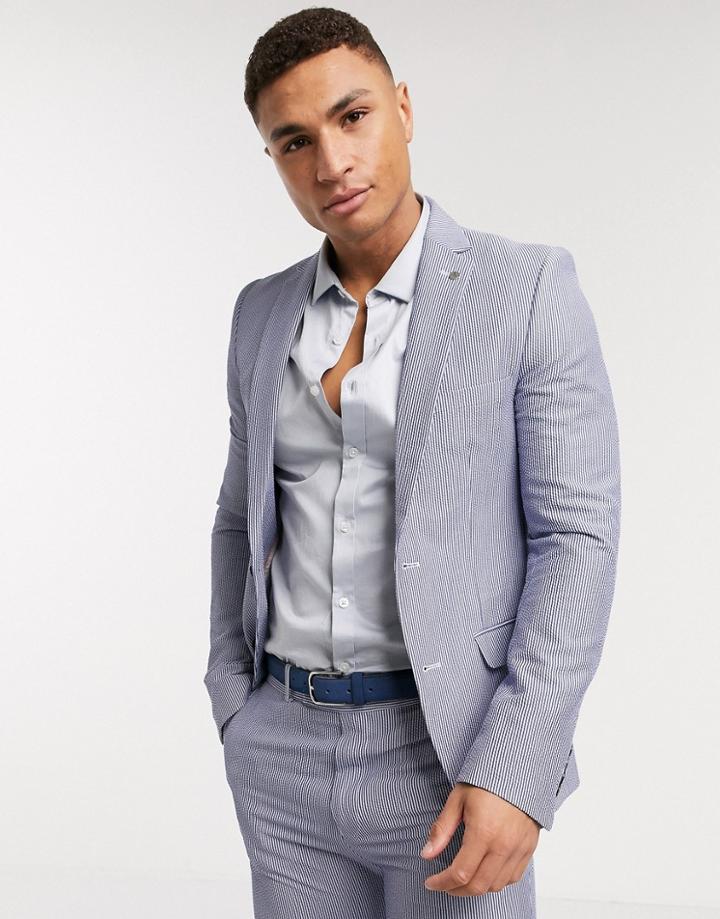 Avail London Skinny Fit Seersucker Suit Jacket In Blue Stripe-blues