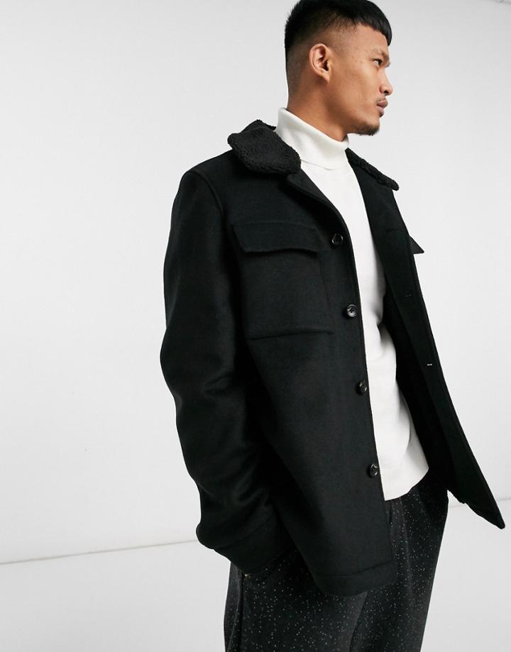 Asos Design Wool Mix Jacket In Black With Contrast Collar