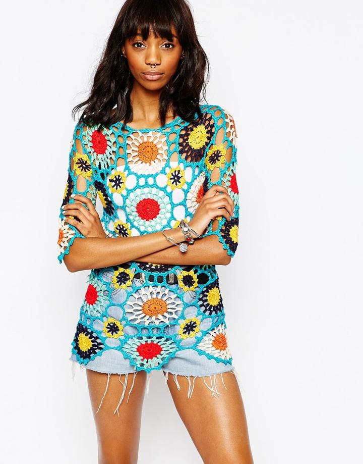 Stitch & Pieces 70's Crochet Tunic Dress - Multi