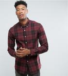 Asos Tall Stretch Slim Poplin Check Shirt In Burgundy - Red