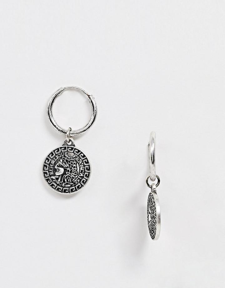 Asos Design Roman Coin Hoop Earrings In Burnished Silver Tone