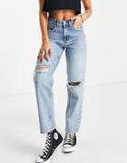 Only Robyn Ripped Knee Straight Leg Jeans In Light Blue Wash