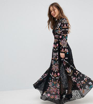 Frock And Frill Petite Embroidered Maxi Dress With Lace Inserts - Black