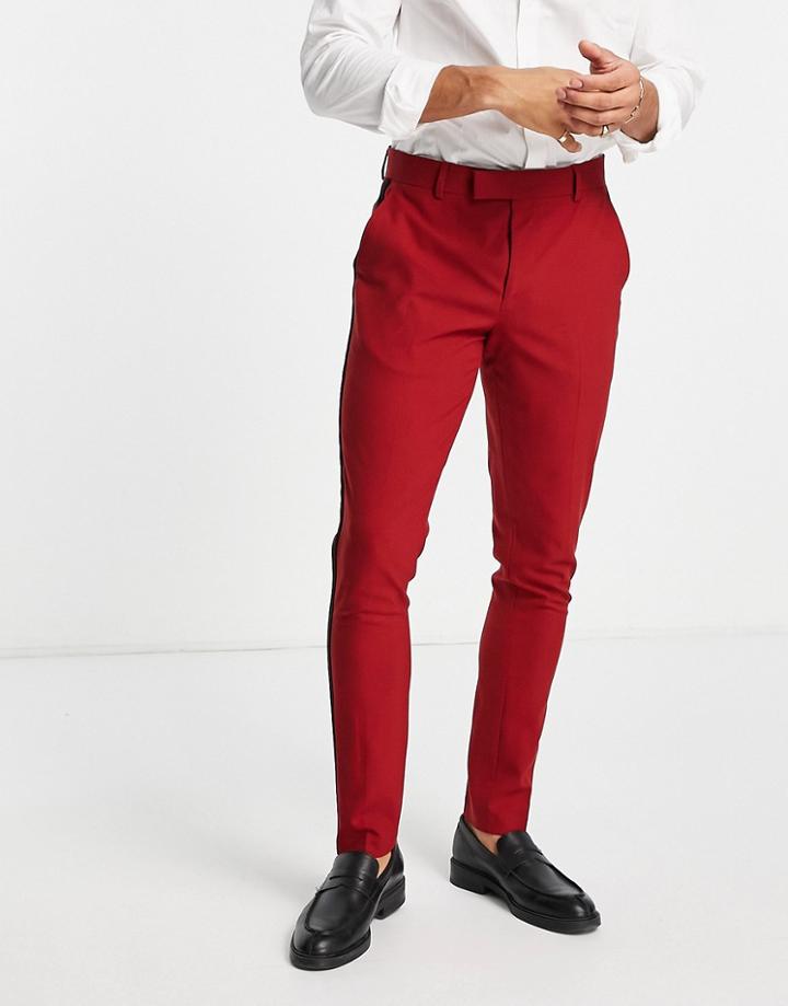 Asos Design Skinny Tuxedo Pants In Burgundy With Satin Side Stripe-red