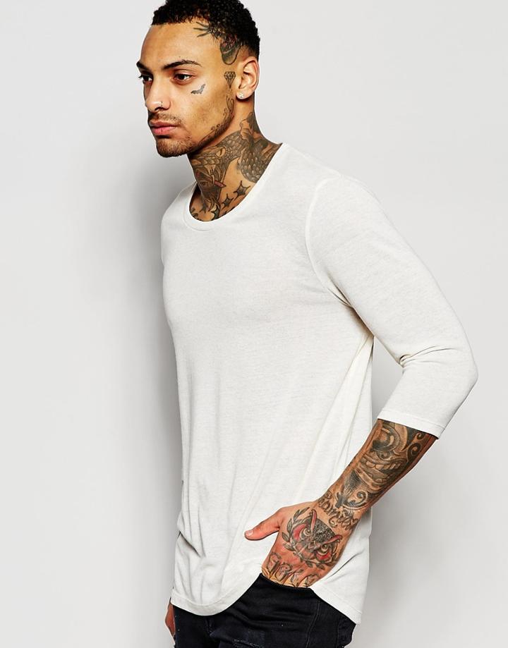 Asos Linen Jersey Longline Long Sleeve T-shirt - Ecru