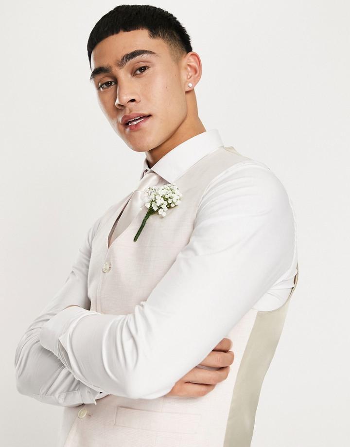 Asos Design Super Skinny Wedding Vest In Cotton Linen Pale Pink Prince Of Wales Check