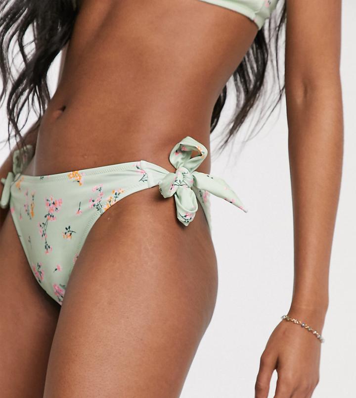 Miss Selfridge Tie Side Bikini Bottoms In Mint Floral-green