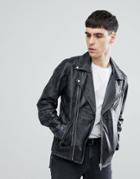 Selected Homme+ Distressed Leather Biker Jacket - Black