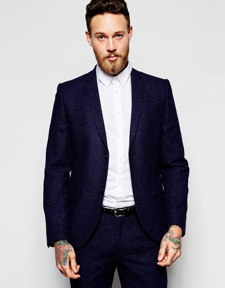 Heart & Dagger Wool Blazer In Skinny Fit With Fleck - Navy