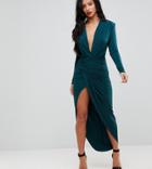 John Zack Petite Plunge Front Wrap Maxi Dress - Green