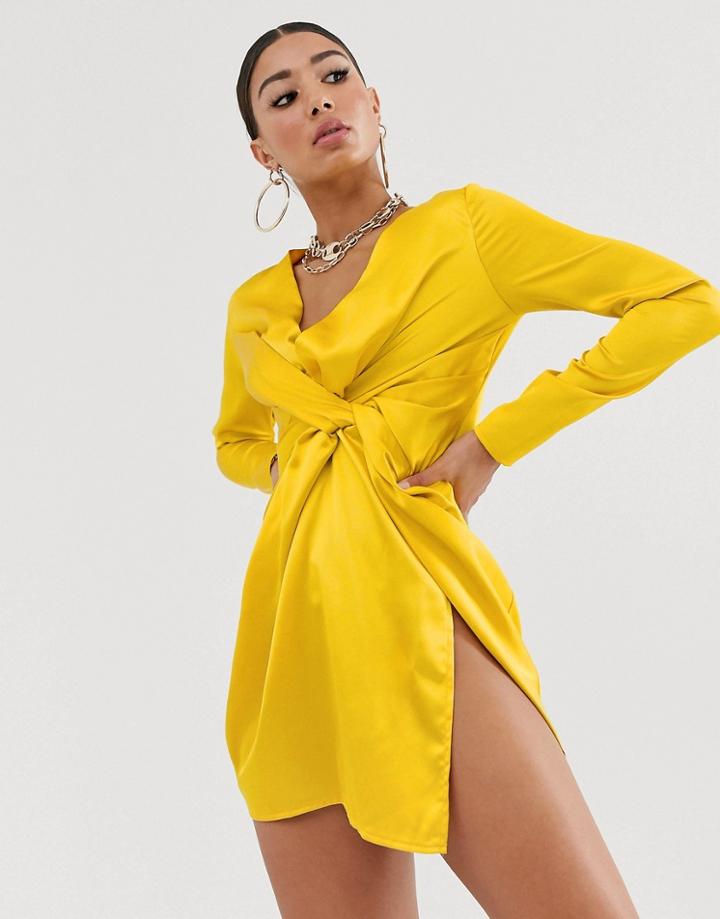 Koco & K Satin Knot Front Mini Dress In Yellow - Yellow
