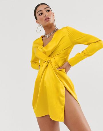 Koco & K Satin Knot Front Mini Dress In Yellow - Yellow