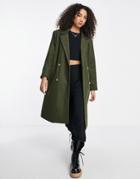 Only Double Breasted Coat With Quilted Back In Khaki-green