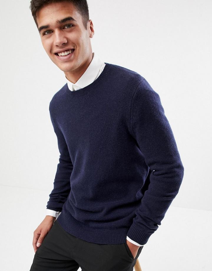 Asos Design Lambswool Sweater In Navy - Navy