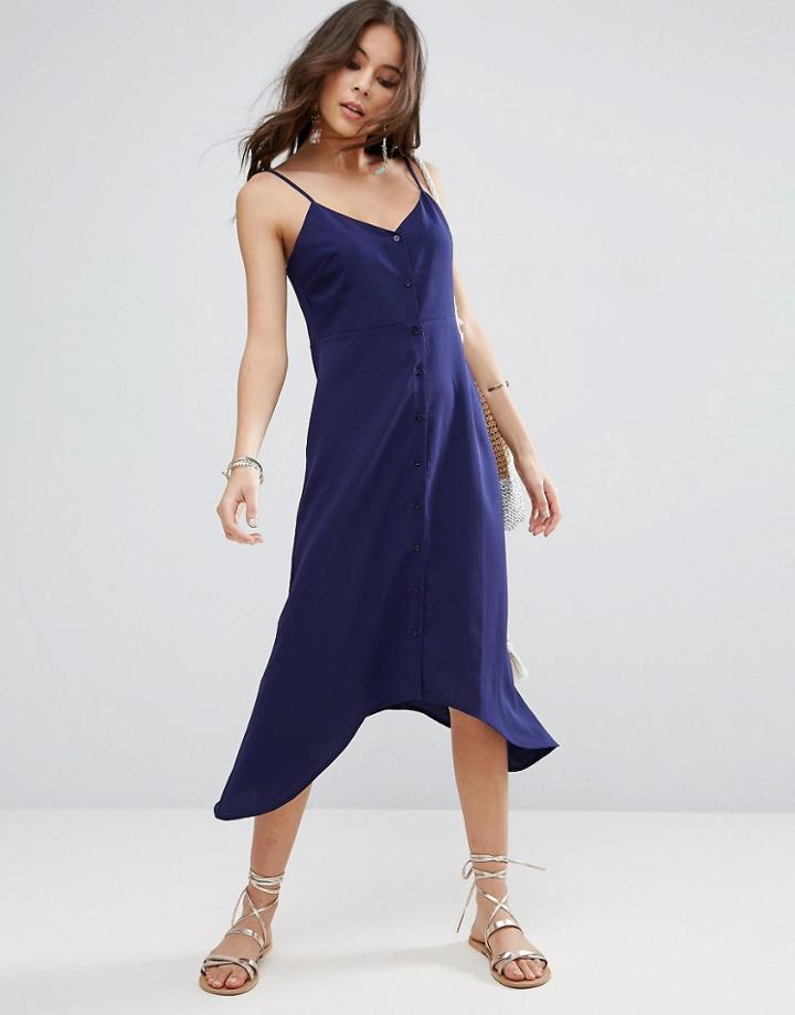 Asos Midi Button Through Sun Dress With Dipped Hem - Navy